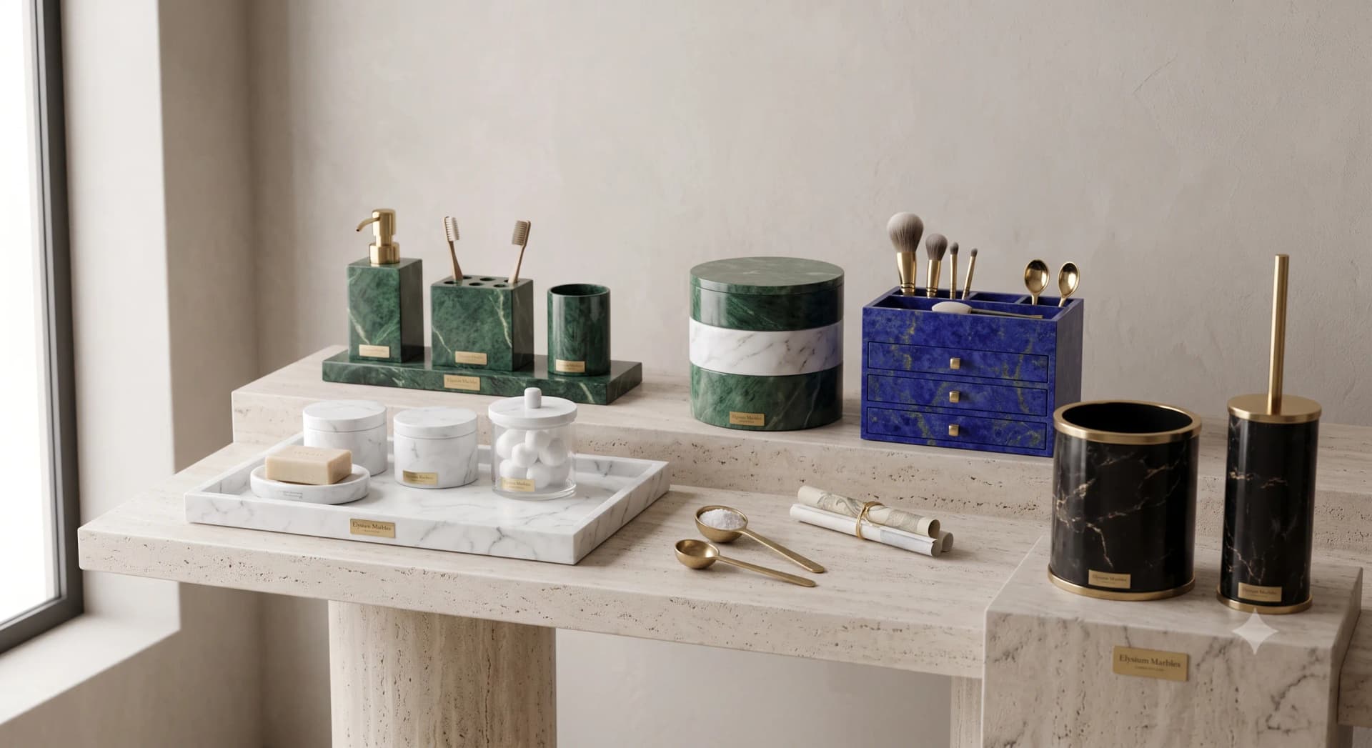 Marble bathroom accessories arranged on a vanity