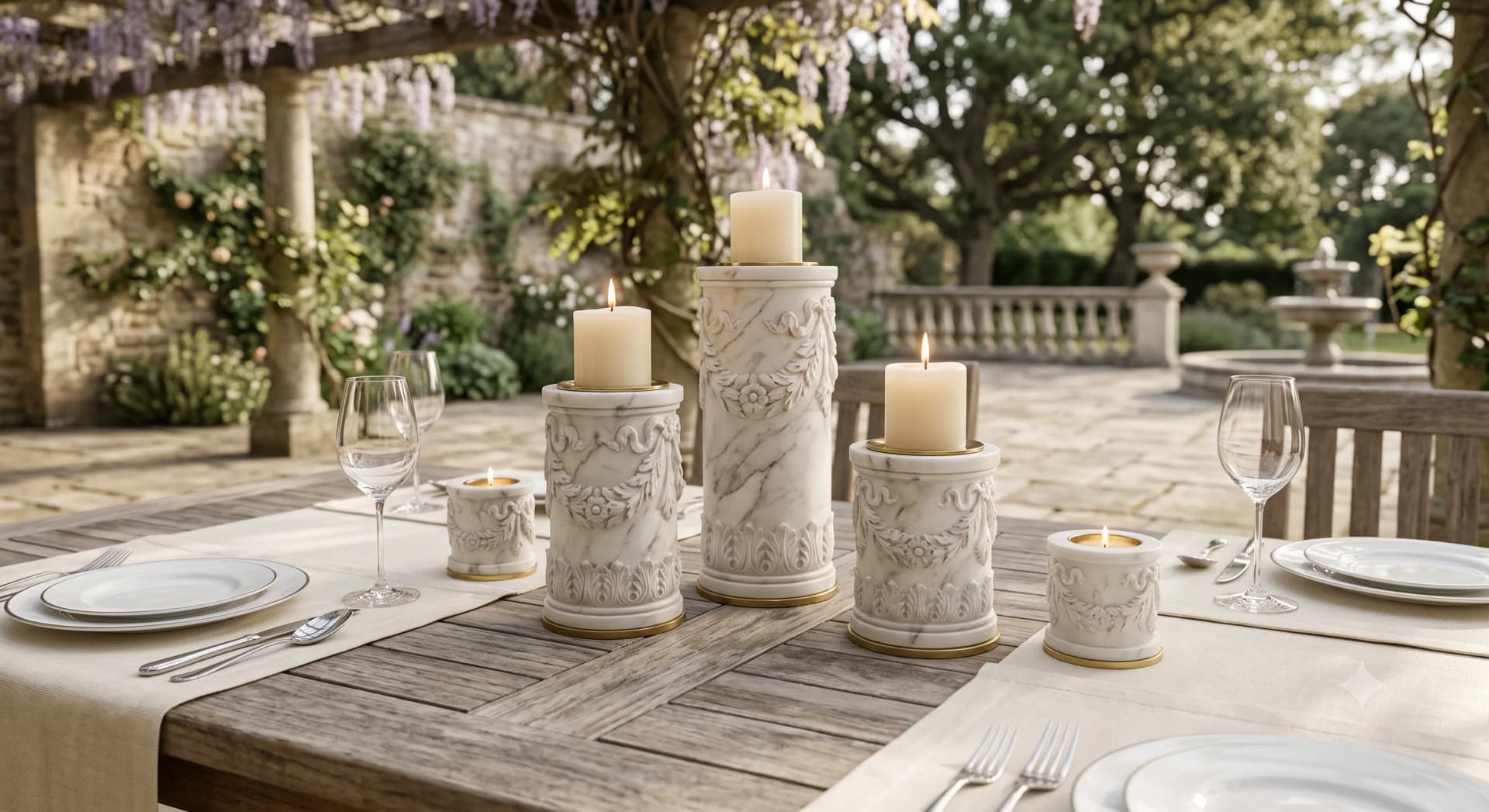 Marble candle holders on a styled surface
