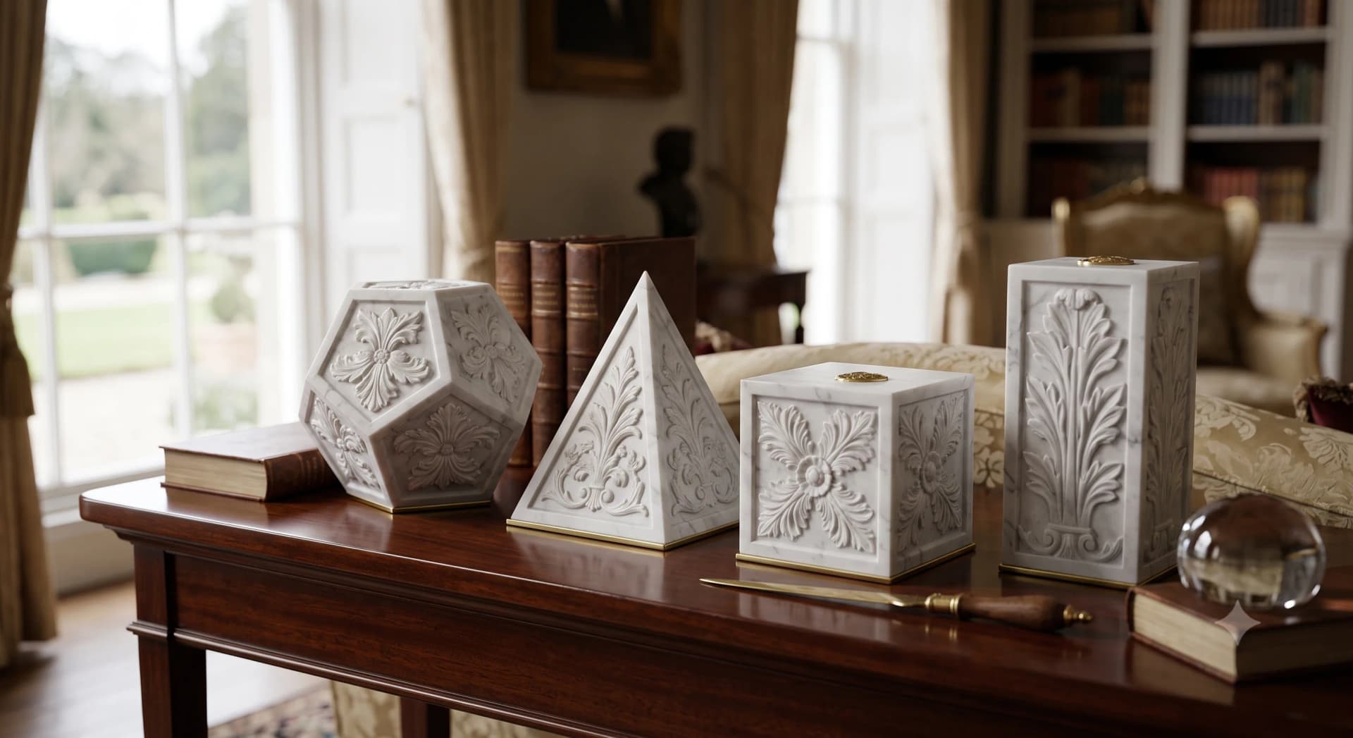 Geometric Decor Set hand-carved from Carrara White marble
