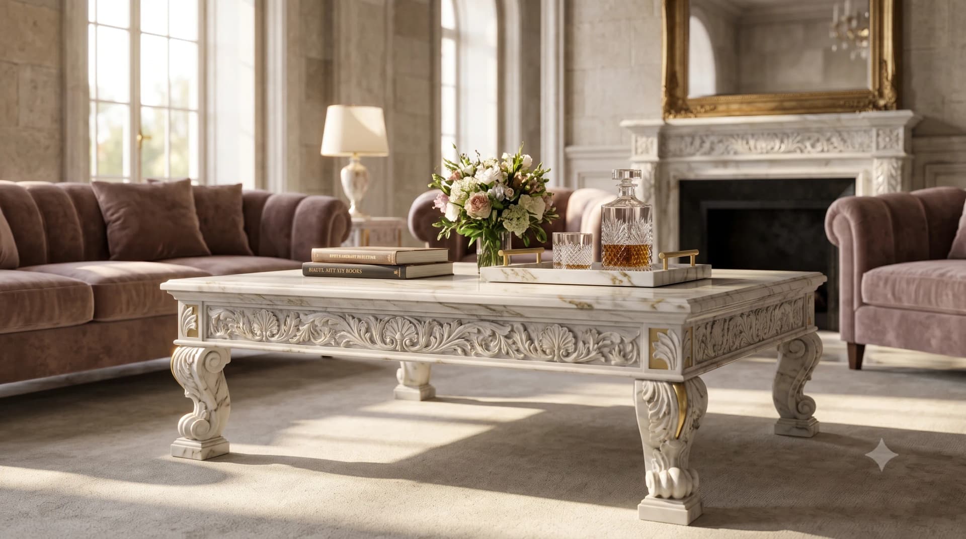 Marble coffee table in a lived-in sitting room