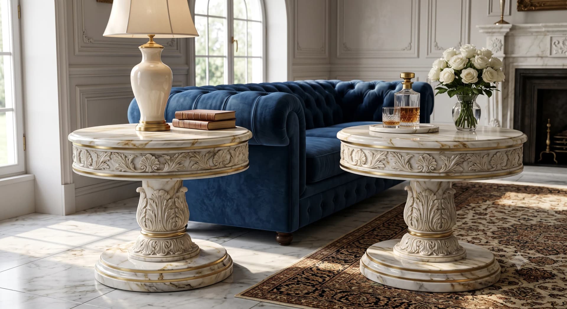 Siena Round Side Table hand-carved from Statuario marble
