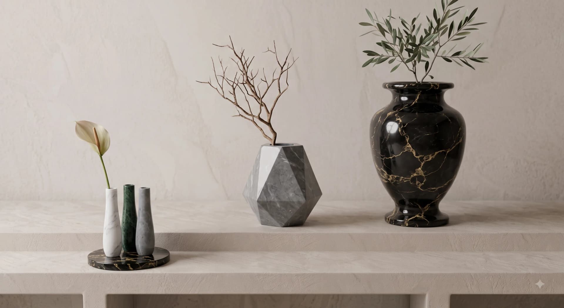 Marble vases grouped on a console table
