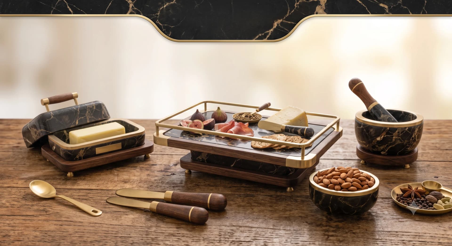 Marble boards and serveware laid out on a kitchen island