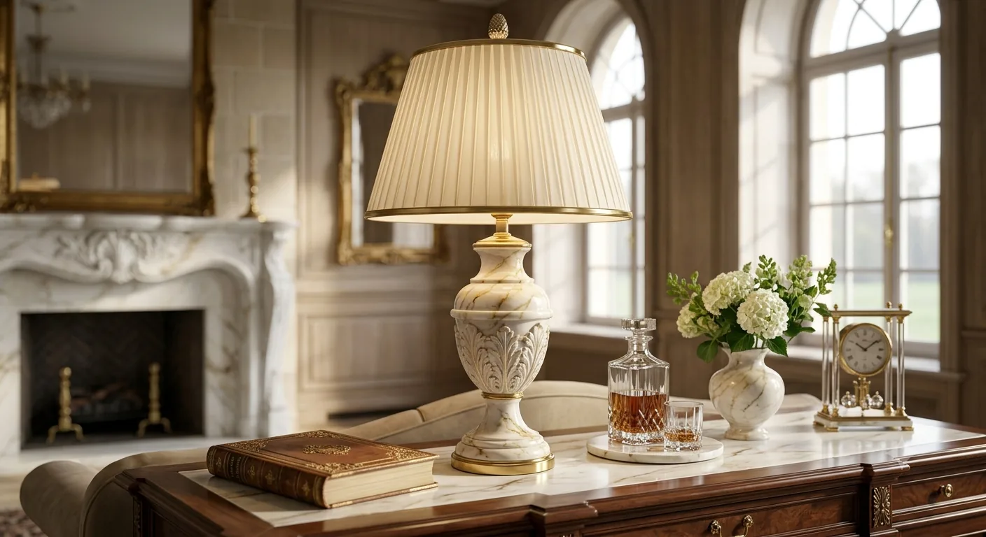 Marble table lamp casting warm light across a side table