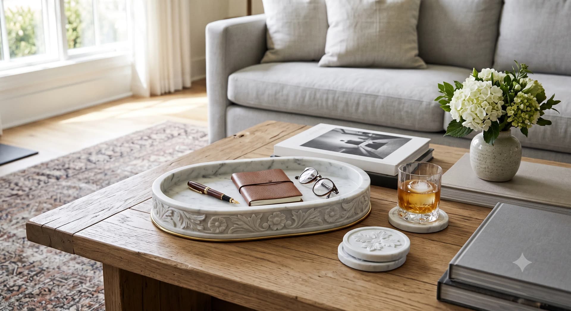 Living room styled with marble accent pieces and warm neutrals